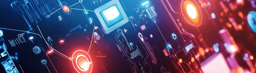 Abstract technological background with glowing red and blue lights on a dark circuit board.