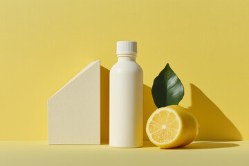 bottle of white mockup supplement bottle and a lemon with a lemon leaf on the right side, next to two geometric shapes, against a pastel yellow background, in a minimalist style, vitamin c concept