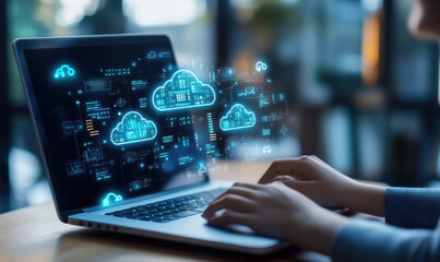 a person is working on his laptop with icons of cloud technologies and data flowing out, indicating 
