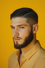 Portrait of a caucasian male 25 years old with a short beard and short black hair slicked to the side