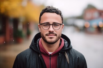 Portrait of a handsome young man wearing glasses in the rain.