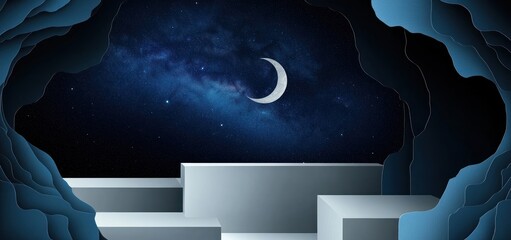 Wall Mural - a serene cave scene showcasing a crescent moon against a starry sky.