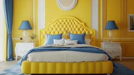 Wall Mural - Yellow Bedroom. Modern Design with Blue and Yellow Pillows in a Luxurious House