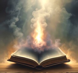 Illustration of spell book witchcraft with dramatic background.