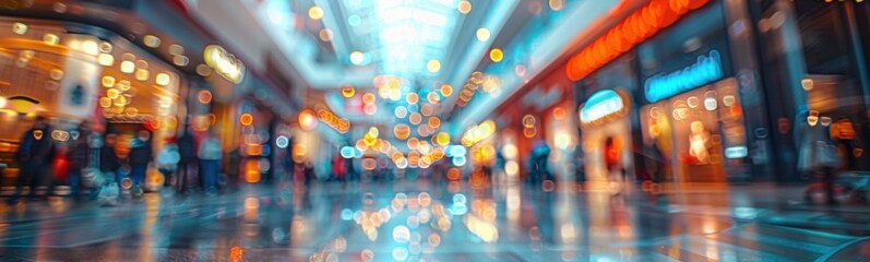 Blurred image of a city street with people walking through it, banner