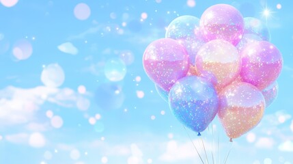 Wall Mural - Sparkling pastel balloons floating against a dreamy blue sky. Concept: celebration and joy.