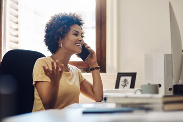 Canvas Print - Business, woman and happy with phone call in office for networking, communication or deal negotiation. Professional, computer and speaking to contact with smile at desk for assistance and connection