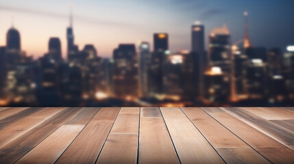 wooden floor with blurred urban cityscape in evening sunset background for product display concept