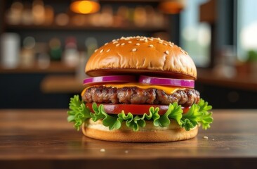 Freshly made burger with melted cheese, juicy grilled patty and fresh vegetables, served on a rustic wooden table