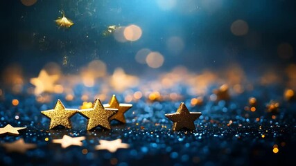 Wall Mural - sparkling golden stars on glittery blue background