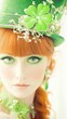 © mashimara - Red-haired woman with freckles in a sparkling green hat and makeup, representing a whimsical style with a touch of fantasy and elegance.