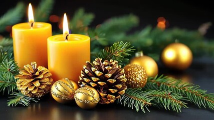 Wall Mural - festive holiday decoration with candles golden ornaments