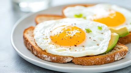 Avocado toast topped with sunny-side-up eggs, sprinkled with fresh herbs and pepper, offering a healthy breakfast option.