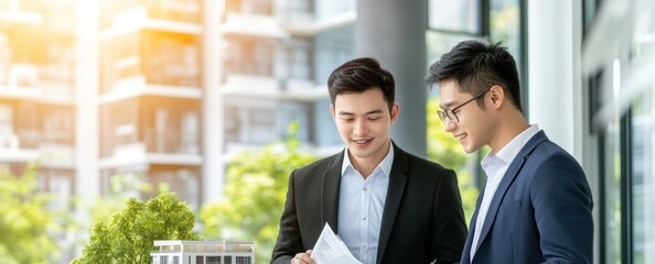 Two professionals discussing plans in a modern office setting with greenery in the background.