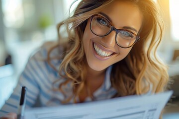 Fototapete - Gorgeous Woman Wearing Glasses Smiling and Laughing as She Completes a Survey Form with a Pen, Concentrating on the Questions at Hand, Seated at a Desk.