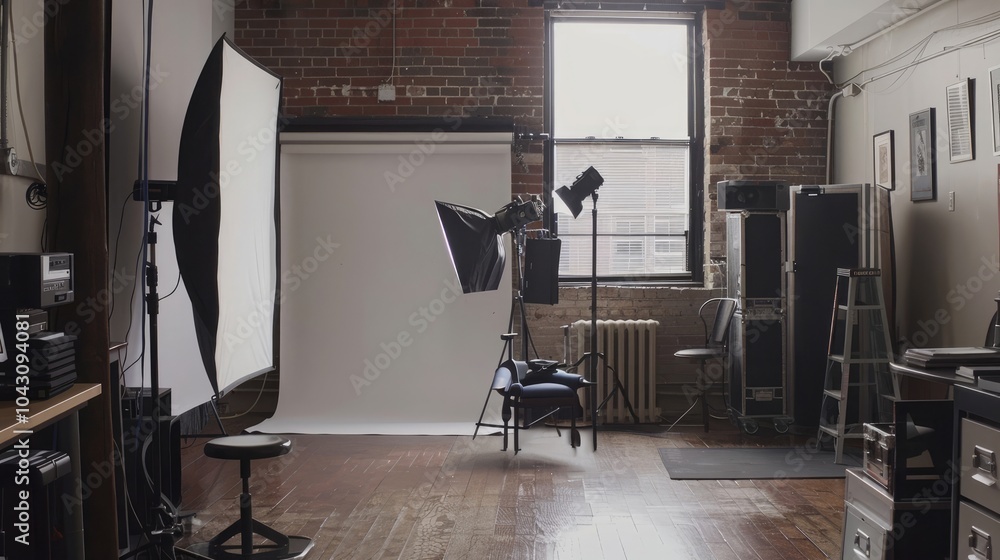 Industrial-style photography studio with vintage furniture, lighting ...