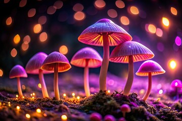 Glowing purple mushrooms with pink and orange lights in dark background