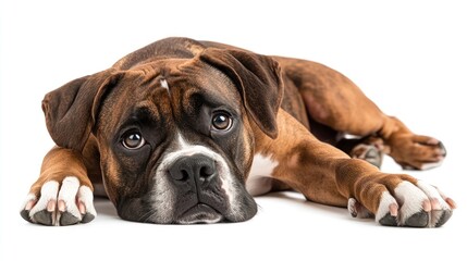 A relaxed brown and white Boxer dog lying down, looking curiously at the viewer.