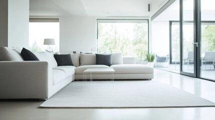 Simple modern living room with white and gray furniture. Featuring an open, uncluttered layout with minimal decoration. Showcasing contemporary minimalism and style. Ideal for real estate marketing