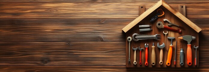 A house shape made of wood with various tools inside on a wooden background.