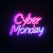 © Olga - 'Cyber Monday' vintage neon signage with text in pink and purple. Square black banner with copy space. Modern concept for sale or discount announcement, perfect for cyber monday shopping day.