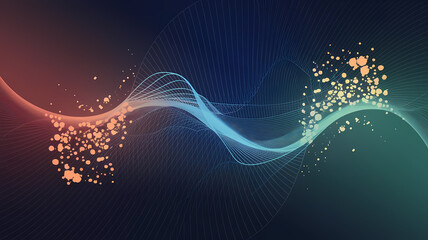 Abstract digital background featuring flowing waves in blue and orange hues, adorned with sparkling particles, ideal for design, technology, or creative themes.