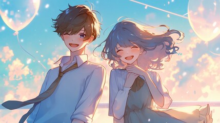 boy and girl love each other, anime style