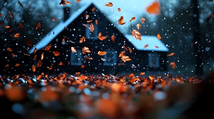 A cozy cabin surrounded by swirling autumn leaves and a gentle snowfall, capturing the essence of a tranquil winter day.