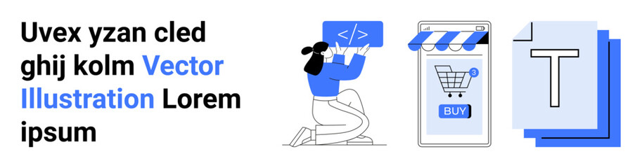 A person holding a coding symbol beside an online shopping app interface and stacked documents. Ideal for technology, e-commerce, coding, documentation, and online services. Banner for landing page