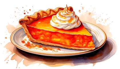 Autumnal Delight: A mouthwatering watercolor painting of a slice of pumpkin pie, topped with whipped cream, capturing the essence of autumn. Watercolor Illustration. Drawing. Art. 1