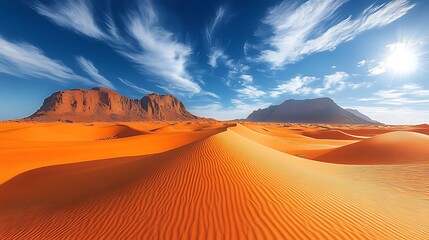 A vast desert landscape with red sand dunes under a bright blue sky with white clouds. The sun shines brightly in the sky, illuminating the sand.