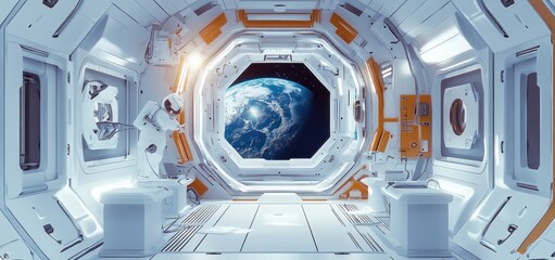 Wall Mural - a futuristic spacecraft interior with a view of earth through a circular window.