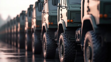 Military trucks and vehicles in rows.