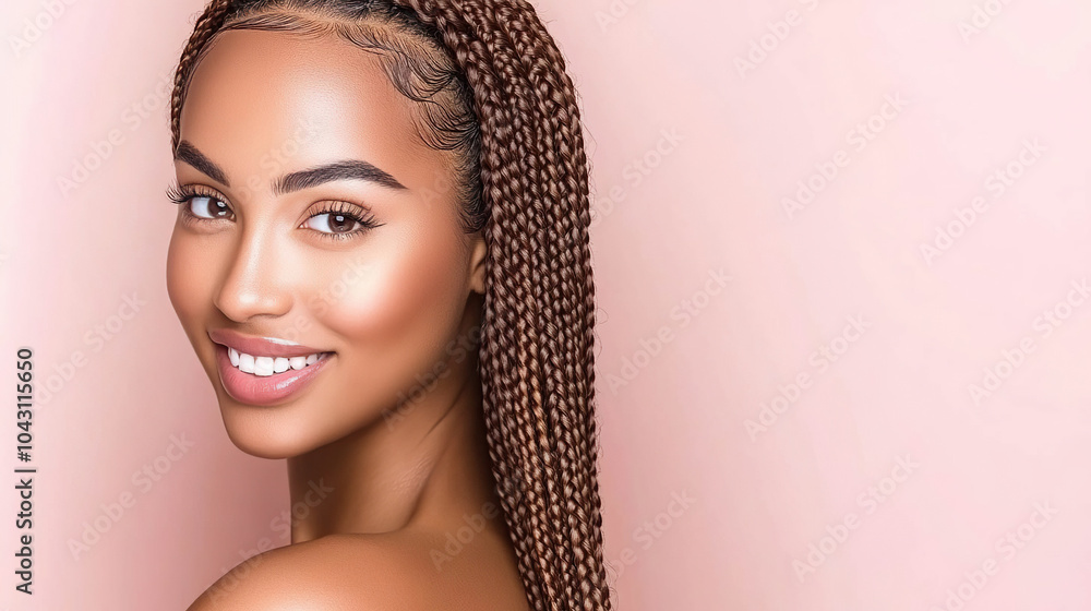 Smiling woman with brown braids, soft pink background, radiant skin. AI-generated