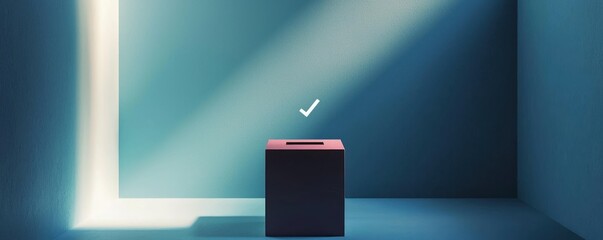 A solitary ballot box in a dimly lit space, illuminated by a beam of light, symbolizes voting and civic engagement.