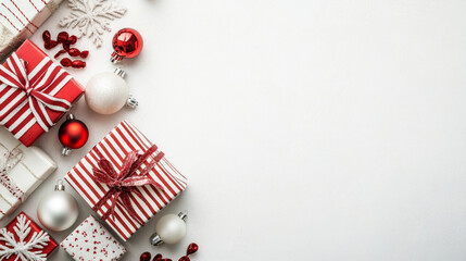 3d gift boxes material with stripes ribbon bow red white background for christmas new year decorated