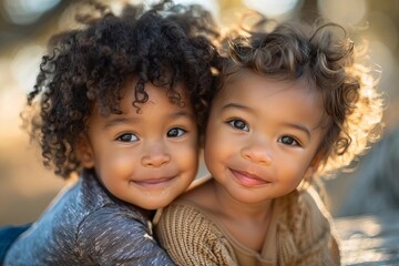 Multicultural siblings sharing a sweet moment, as cute toddler flashes a joyful smile