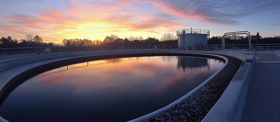 Stunning Sunrise Over Modern Water Treatment Facility with Reflective Pool and Industrial Structures