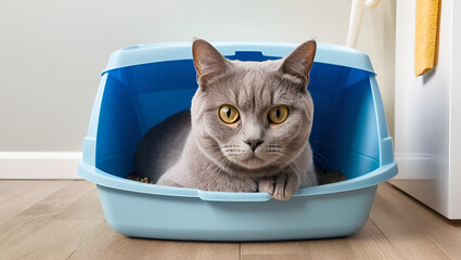 British cat in a cat litter box