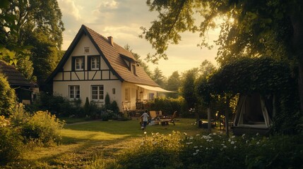 A nice house with a garden in a small german town, kids playing in the garden, summer, soft lights, late afternoon, wide shot
