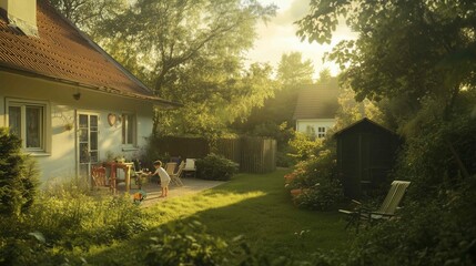 A nice house with a garden in a small german town, kids playing in the garden, summer, soft lights, late afternoon, wide shot
