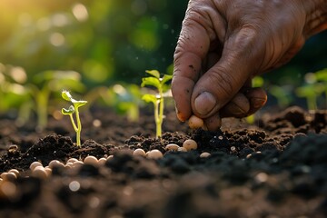 farmer hand planting a a seed in soil, close up