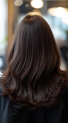 Wall Mural -  Dark brown hair with long, wavy layers, photographed from behind in a salon setting. 