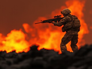 A Soldier Stands Guard Against a Fiery Horizon Symbolizing Courage in Adversity