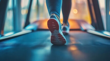 Close-up of a person's feet wearing sneakers while walking or running on a treadmill, with a focus on movement and exercise inside a gym.