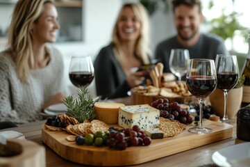 three people are sitting at a table with a cheese board and wine glasses