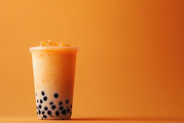 Boba tea in a plastic cup on a peach-colored background.