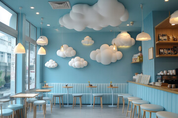 Wall Mural - A blue room with clouds on the wall and ceiling