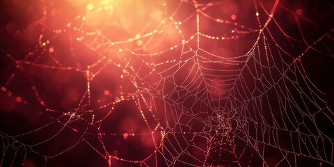 Golden spiderwebs stretch across a dark red background beautifully illuminated from below. The bright light creates a striking contrast enhancing the intricate patterns and texture of the web