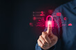 © Kitinut - Businessman holding cyber security icons screen. Digital information technology and cyber security concept.